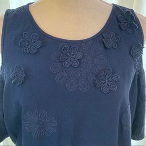 LOFT navy woman’s dress with flowers, size 14 below knee, bare shoulder,#7786